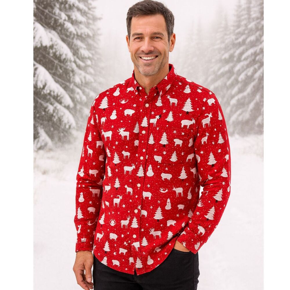 Denim & Flower Ricky Singh Men's Size L Red Festive Holiday Button-Up Shirt # D